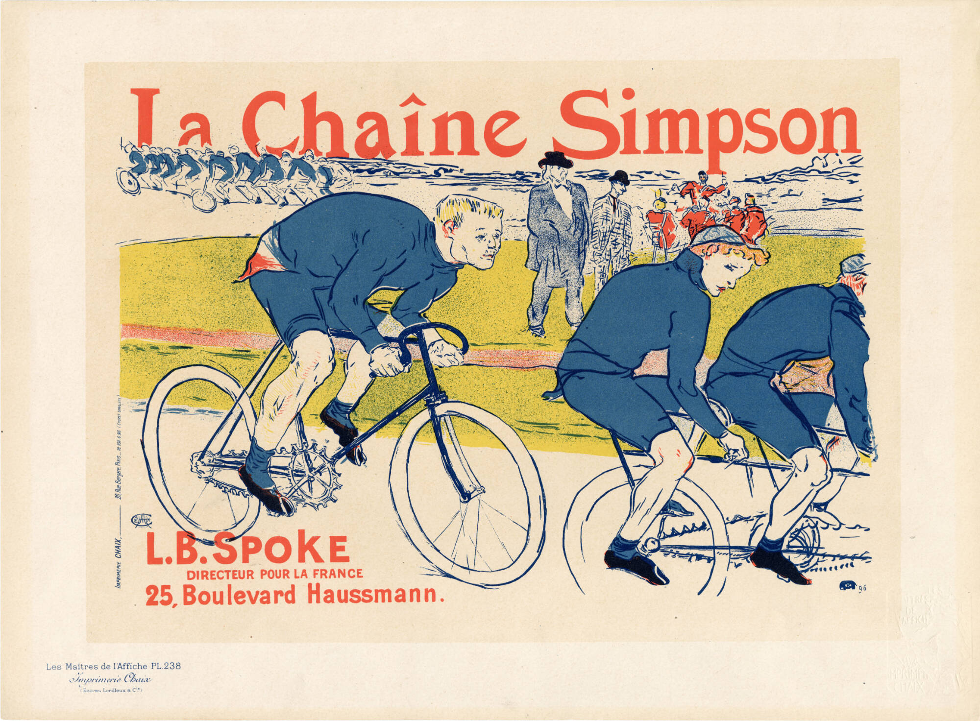 French print of men in a bicycle race, all wearing blue clothing, green grass and a crowd behind them.